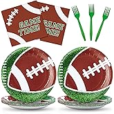 ZVK Football 10" Dinner Paper Plates 13" Napkins Set with Forks Party Dinnerware Disposable Serve 20