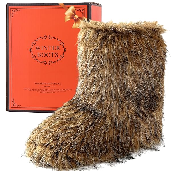 VALPEAK MEN’S FAUX FUR SNOW BOOTS, NON SLIP WINTER BOOTS, FLUFFY FURRY BOOTS FOR MEN, FLAT HEEL SNOW WARM BOOTS(BROWN,7)