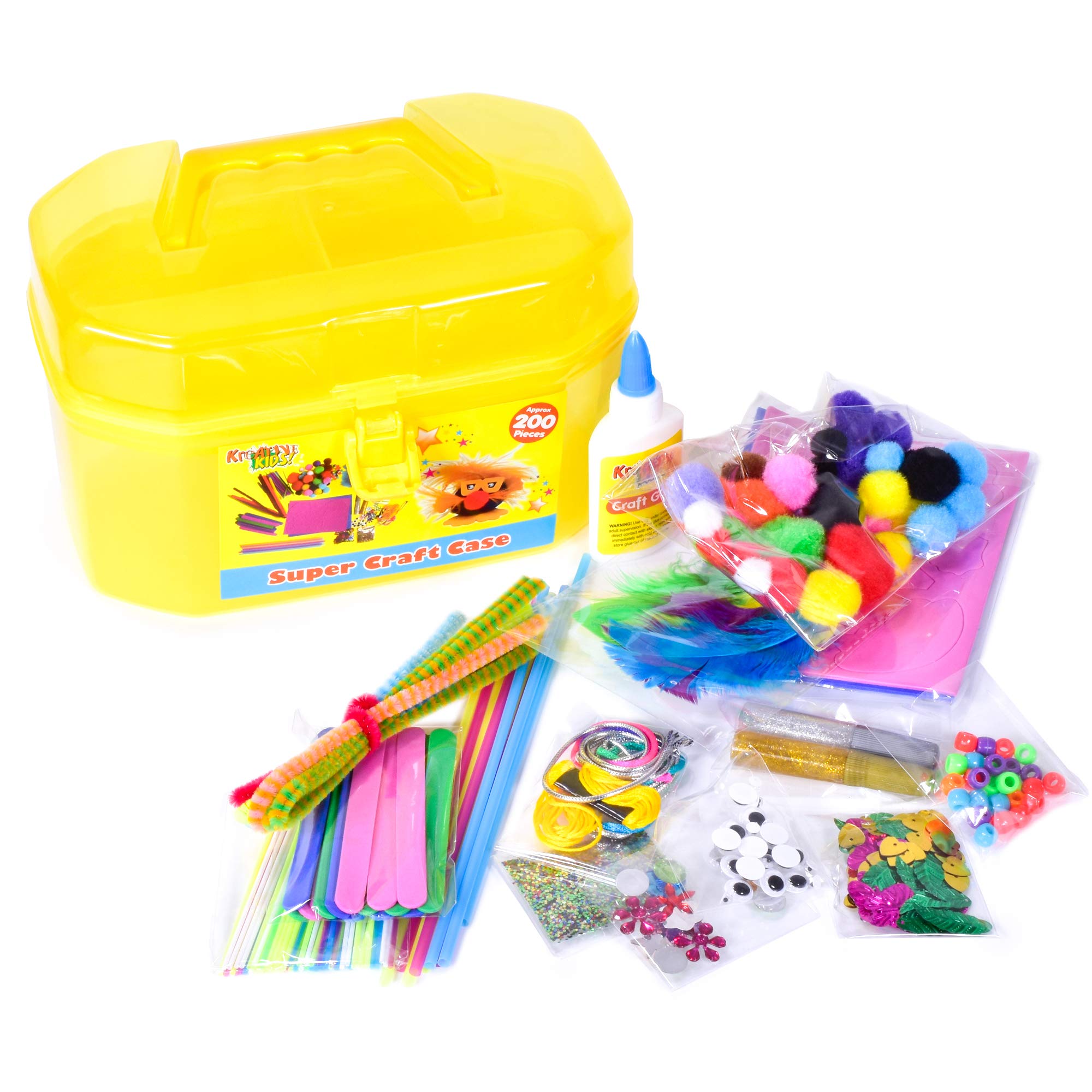 Kreative Kids Craft Carry Case Set | Art and Craft Equipment including Poms-Poms, Glitter, Pipe Cleaners | 3 Assorted Case Colours