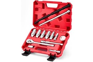 KOOPOOL 13pc 3/8" Spark Plug Socket Set with Installation Tube, 3/8" Drive Ratchet Wrench,3 Extension Bars(3",6",10")，Spark Plug Socket Sets, Gap Tool, U Joint,1/2" to 3/8" Adapter (13pcs)
