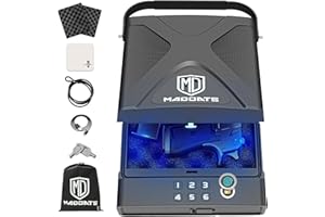 MD MADOATS Car Gun Safe, Portable Biometric Safes for Pistols with Cable, Fingerprint & Keypad & Key Access Handgun Lock Box for Vehicle Travel Home