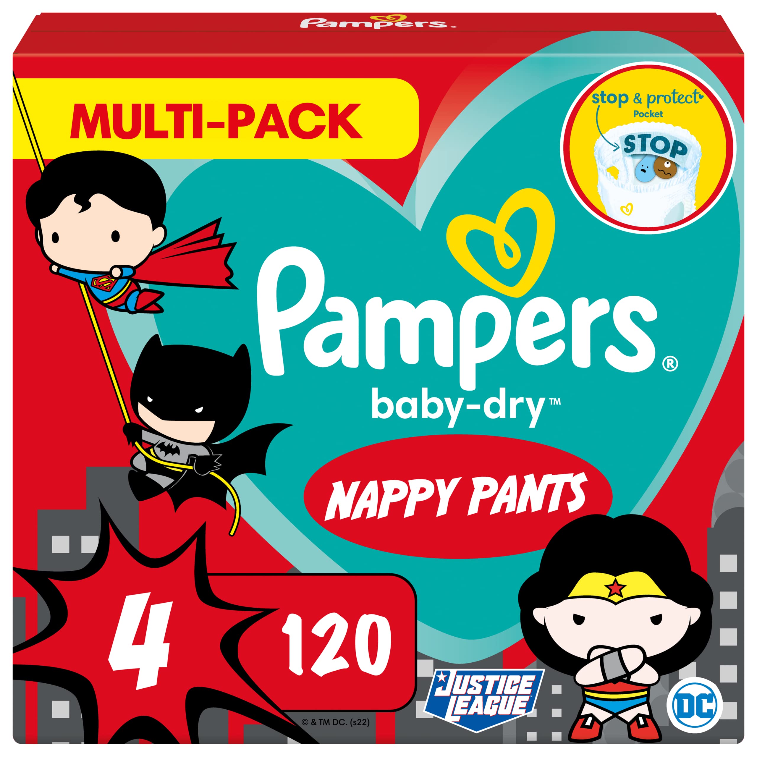 Pampers Baby Nappy Pants Size 4 (9-15 kg/20-33 Lb), Baby-Dry Superhero, 120 Nappies, MONTHLY SAVINGS PACK, With A Stop & Protect Pocket