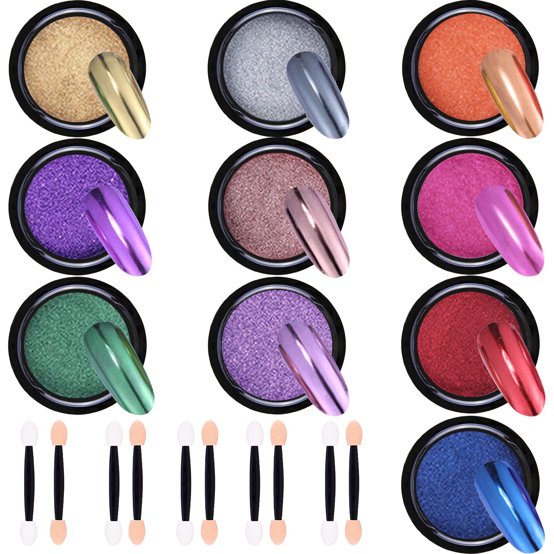 Duufin 10 Jars Nail Chrome Powder Metallic Mirror Effect Nail Powder 1g/Jar with 10 Pcs Eyeshadow Sticks, 10 Colours
