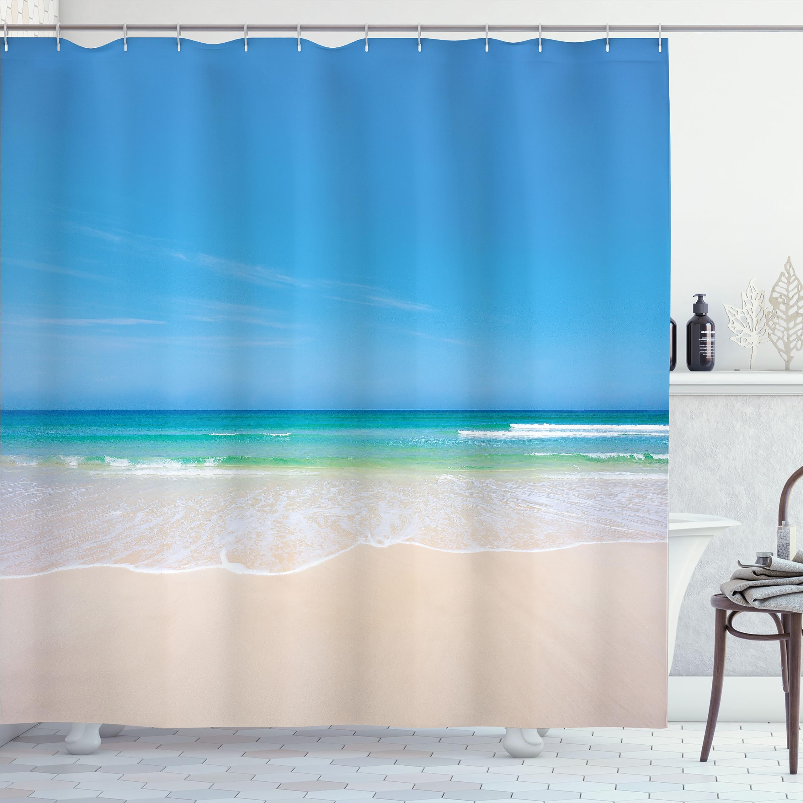 ABAKUHAUS Ocean Shower Curtain, Summer Sandy Paradise Beach Sea and Sunny Sky Scene Secret Dream Space Nature Image, Cloth Fabric Bathroom Decor Set with Hooks, 78 Inches, Cream Blue — image 1