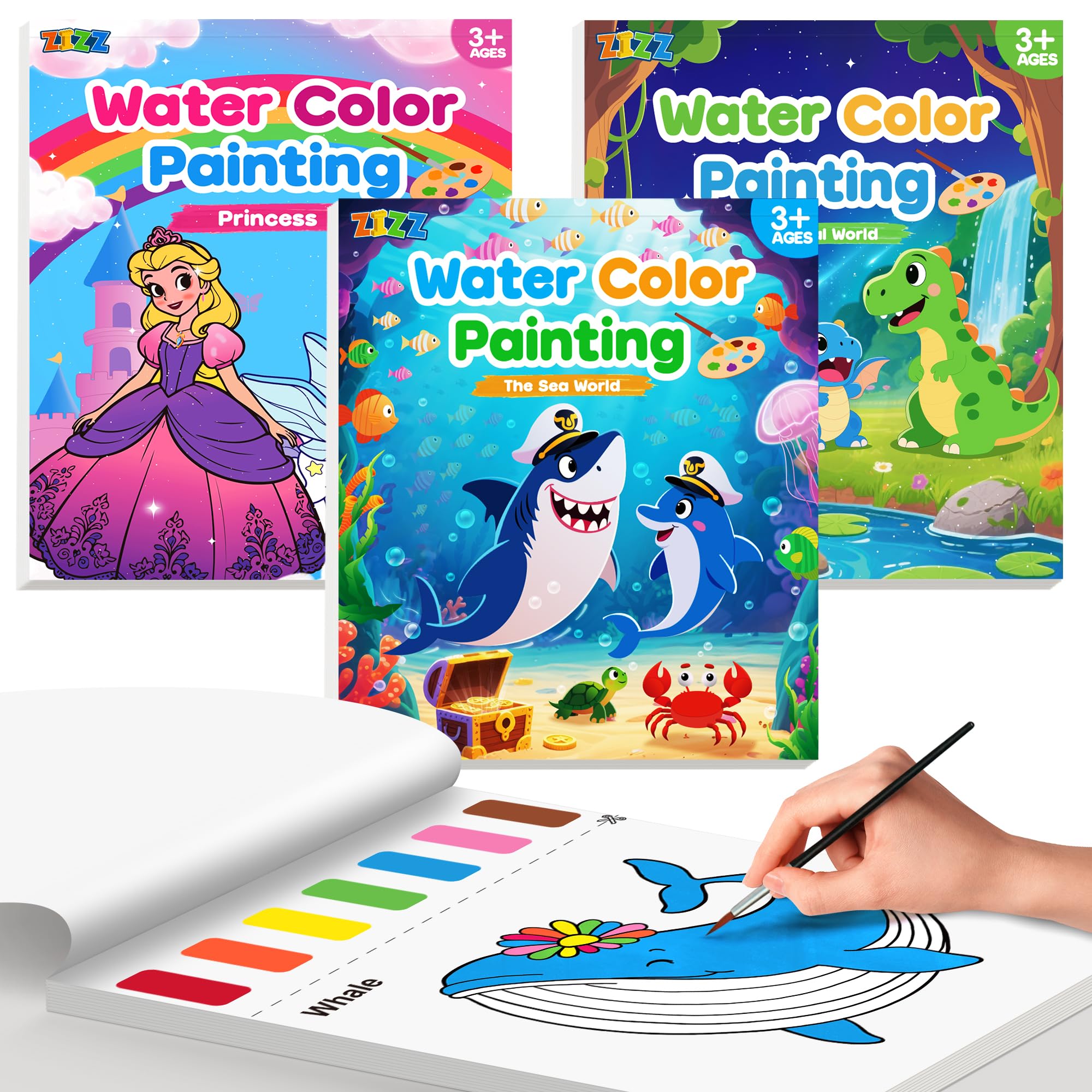ZIZZ Paint with Water Coloring Books for Toddlers, 3PCS Watercolor Painting Set for Kids Ages 3-8, No-Mess Drawing Art Craft Toy Birthday Valentine's Day Gifts for Girls Boys - Princess, Forest, Sea