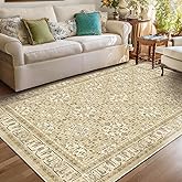 Jainmy Boho Neutral 6x9 Area Rug, Non Slip Washable Rugs for Living Room Bedroom Low Pile Thin, Floral Moroccan Pattern Print