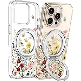 Loheckle for iPhone 16 Pro Max Case with Stand- Compatible with MagSafe Women Girls Cute Clear Girly Aesthetic Unique Design Soft TPU Magnetic Ring Phone Cover for Apple 16 Promax, Flower