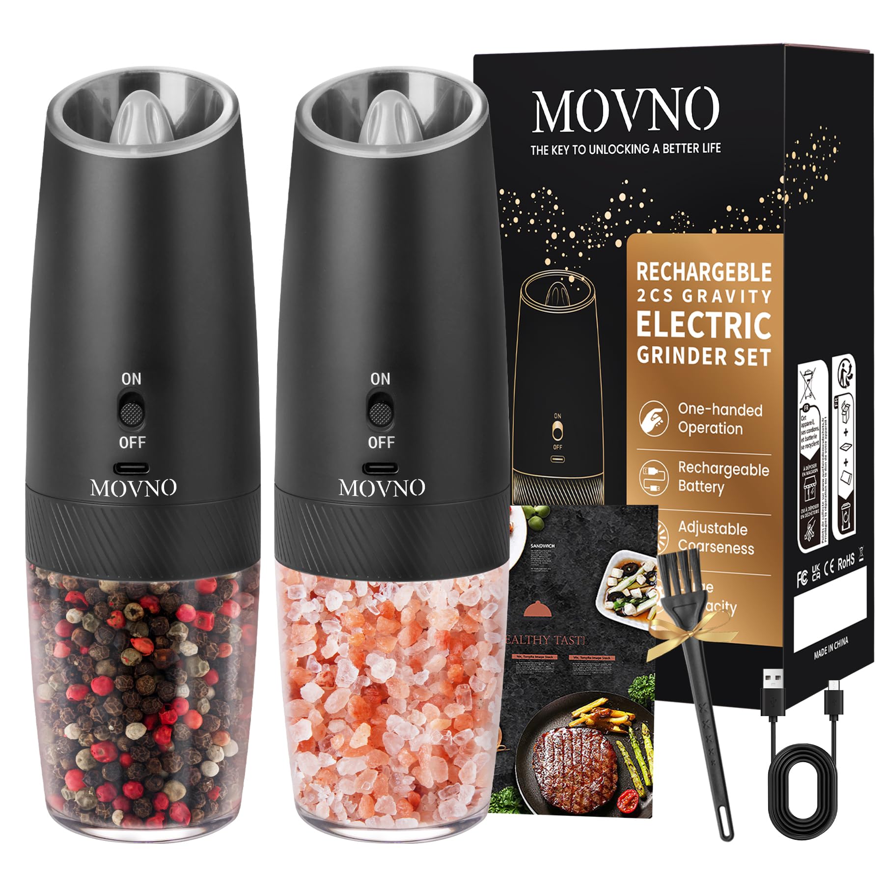 2Pcs Gravity Electric Salt and Pepper Grinder Set, USB-C Rechargeable - LED Light One Hand Automatic Operation, Adjustable Coarseness Mill Grinders Shakers Black, Kitchen Gadgets Gift Ideas