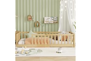 OYUMOENTS Twin Size Floor Bed for Kids, Montessori Floor Bed Twin with Fence Without Door & Safety Guardrails, Wooden Montessori Beds for Boys & Girls, Natural