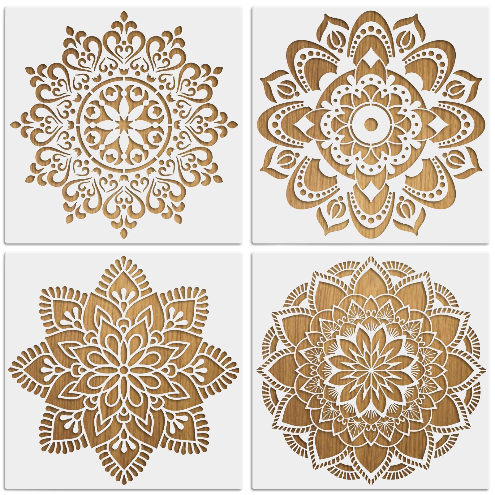 MWOOT 4Pcs Large Mandala Art Stencils Kit, Reusable DIY Drawing Painting Template for Wood Wall Art Designs, Flowers Dotting Scale Stencils for Painting on Tile Furniture Floor Decor(30x30CM)