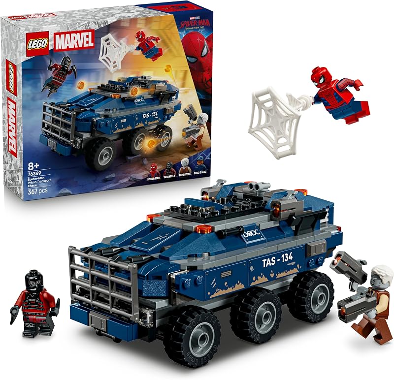 | Marvel Spider-Man Jagt den Gefängnistransporter - Superhelden Spielzeug mit gepanzertem Fahrzeug und 4 Minifiguren inkl. Tombstone und Tarantula - Geschenk für Jungen ab 8 Jahren - 76349