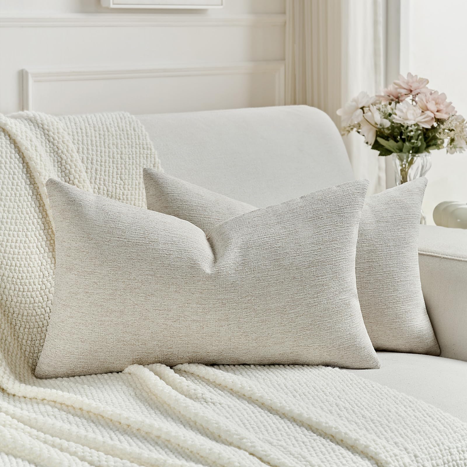 Photo 1 of FUTEI Natural White Wood Chenille Decorative Throw Pillow Covers 12x20 Inch Set of 2,Soft Cozy Faux Linen Textured Lumbar Pillow Cases,Farmhouse Home Decor for Couch Living Room