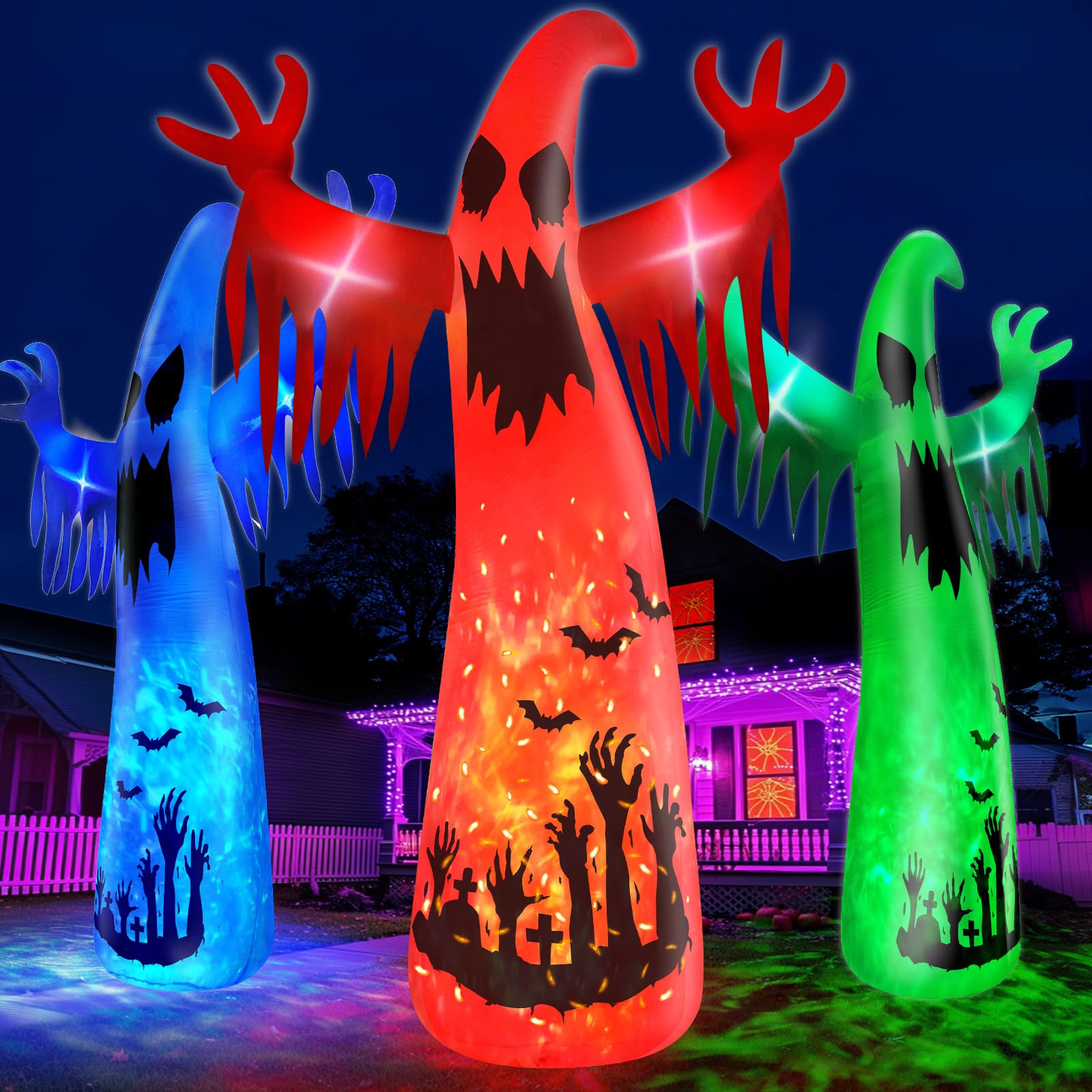 Photo 1 of 12 Ft Halloween Outdoor Decoration 3 Color Changing Inflatable Ghost with Rotating Flame Red Blue Green LED Lights Giant Blow Up Halloween Decor for Holiday Yard Lawn Garden