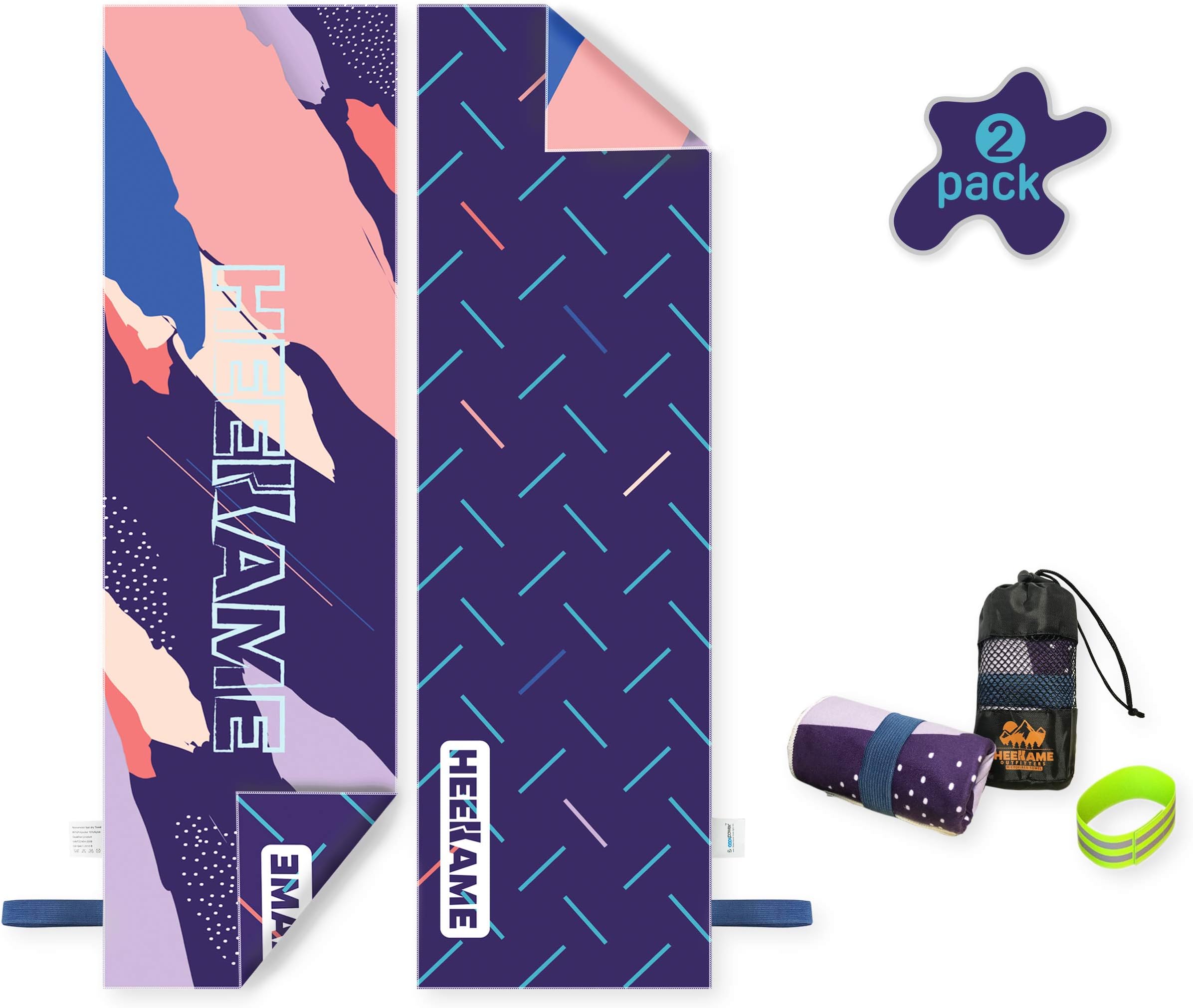 HEEKAME 2 PACK Microfiber Towel 2-Side Printed (12X40 INCH) Fast Drying,Super Absorbent and Ultra Soft for Gym,Hiking,Running,Sports,Backpacking,Yoga,Marathon,Lightweight, Quick dry,Portable Carry Bag