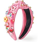 PANTIDE Floral Jeweled Knotted Headband - Rainbow Rhinestone Crystal Embellished Headband Wide Top Knot Fashion Hairband Hair Accessories Spring Summer Birthday Gift for Women Girls (Pink)