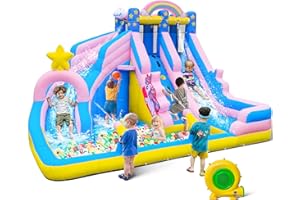 TOAOB Inflatable Water Slide: 6 in 1 Bounce House Water Park for Kids - Climbing Wall Splash Pool 2 Water Cannon 2 Slide Basketball Rim - 550W Blower - for Outdoor Backyard Birthday Party