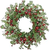 22 Inch Artificial Christmas Wreaths for Front Door, Winter Wreath with Red Bells、Red Berries、Eucalyptus Leaves、Pine Needles for Indoor Outdoor Wall Porch Festival Farmhouse Home Holiday Decor.