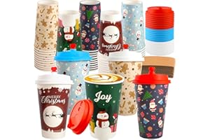 CUPLOOV 25 Pack Christmas Hot Coffee Cups with Lids, 16 Oz Christmas Disposable Paper Cups with Lids & Sleeves, Vintage Xmas Paper Cup for Hot Cold Drinks Hot Chocolate Cocoa Tea Xmas Dinner Party Supplies