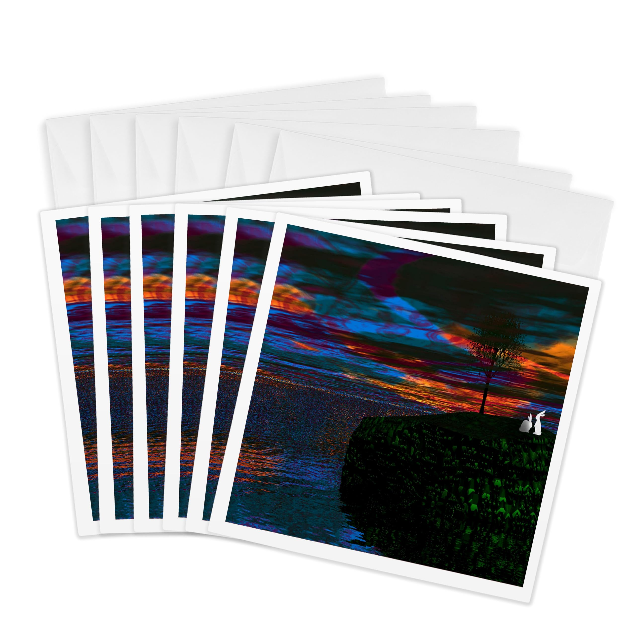 3dRose gc_12996_1 6 x 6-Inch "White Rabbits on a Cliff, Colorful 3D" Greeting Card (Pack of 6)