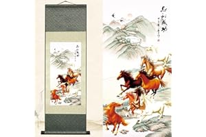 Newscz Asian Wall Art Chinoiserie Decor Silk Scroll Painting Art Poster Eight Horses - Success at Hand Vertical Wall Mural Art for Living Room Asian Home Oriental Decor(36 by 12 in)