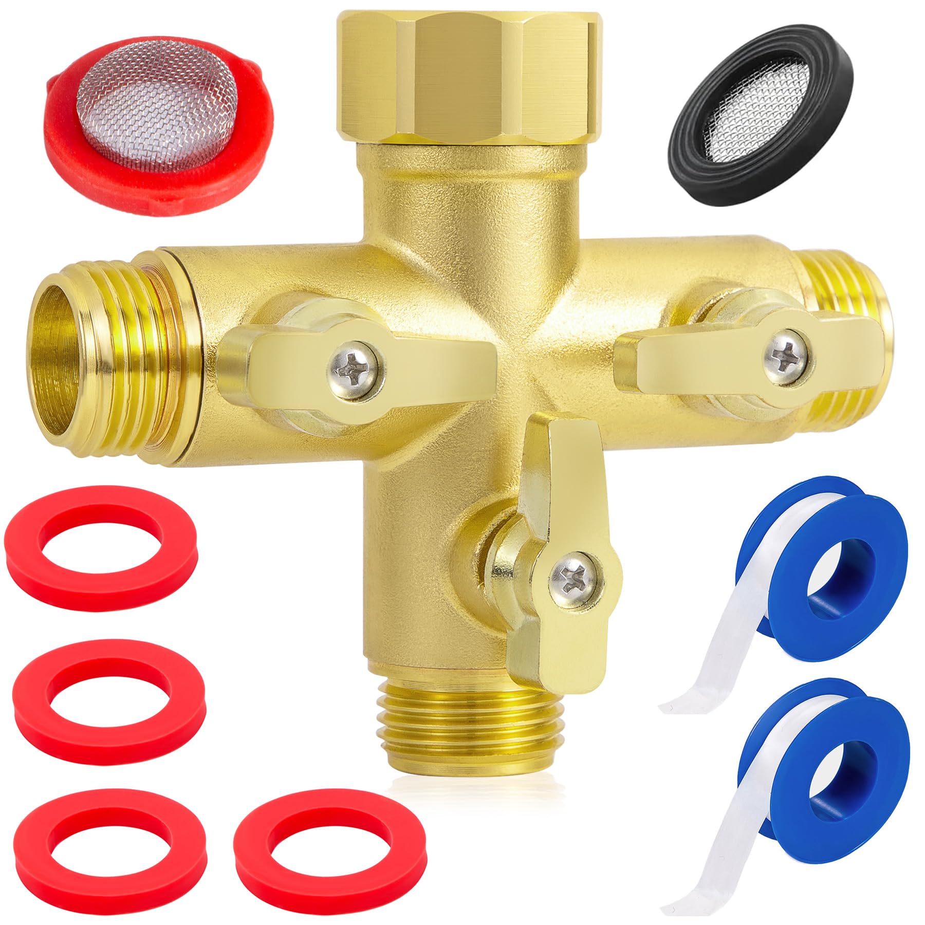 Photo 1 of Breezliy Heavy Duty Metal 3 Way + Type Garden Hose Splitter,3/4" 1.6MPa High Flow Spigot Faucet Connectors,with Shut-Off Valves, Comfort Grip,with washers&tape