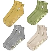 ERMO NKES 4 Pairs Pilates Grip Short Socks for Women Yoga Non Slip Cute Ruffle Ankle Barre Socks.