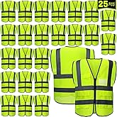 Newcotte 25 Pack Safety Vests Bulk Yellow Reflective High Visibility Vest with Mesh Pocket Zipper, Hi Vis Silver Strip for Men, Neon