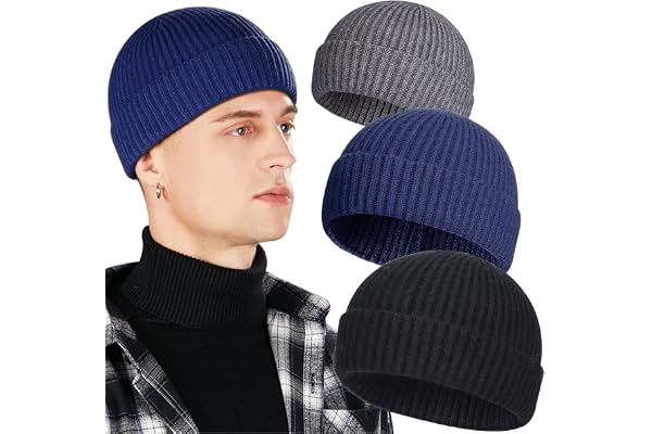 3 Pack Wool Fisherman Beanies for Men, Short Knit Watch Cap Cuffed Trawler Hats