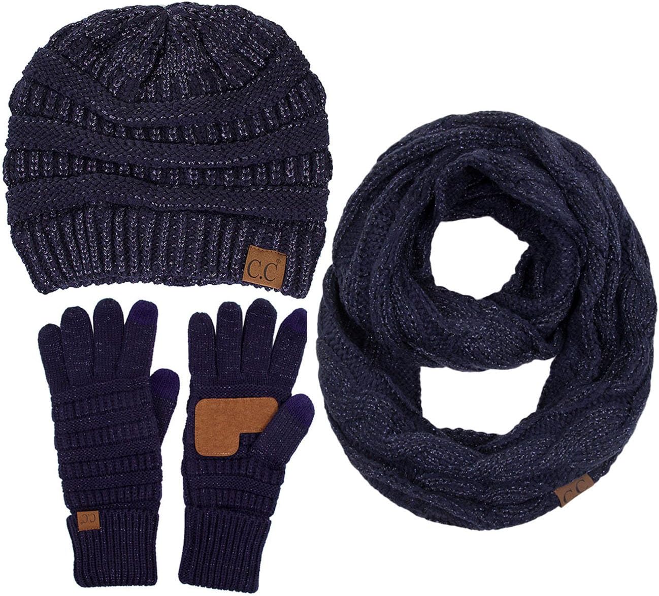 ScarvesMe 3pc Set Trendy Warm Chunky Soft Stretch Cable Knit Beanie Scarves Gloves Set