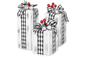 Amyhill 3 Pcs Christmas Wooden Gifts Box Decor Christmas Plaid Presents Table Centerpieces Rustic Wooden Gifts Tiered Tray Decor with Buffalo Plaid Bowknot for Xmas Party(White,Classic)