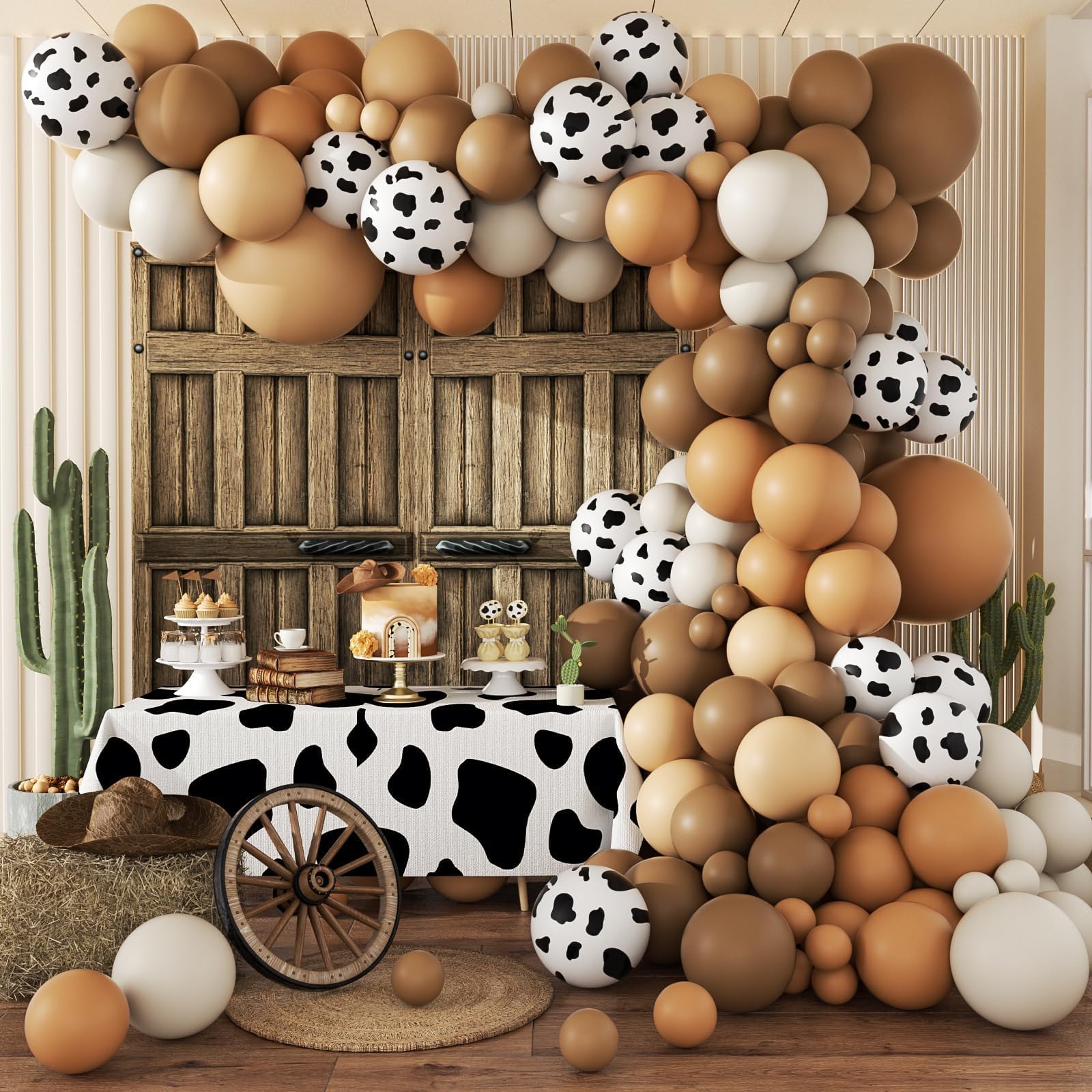 Photo 1 of 141pcs Western Cowboy Balloon Garland Arch Kit, Brown Light Brown Nude Sand White Cow Print Balloons for Western Cowboy Farm Baby Shower Birthday Party Decorations