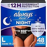 Always Discreet Adult Incontinence Overnight Underwear for Women, Large, Up to 100% Bladder Leak Protection, 48 Count (3 Packs of 16)