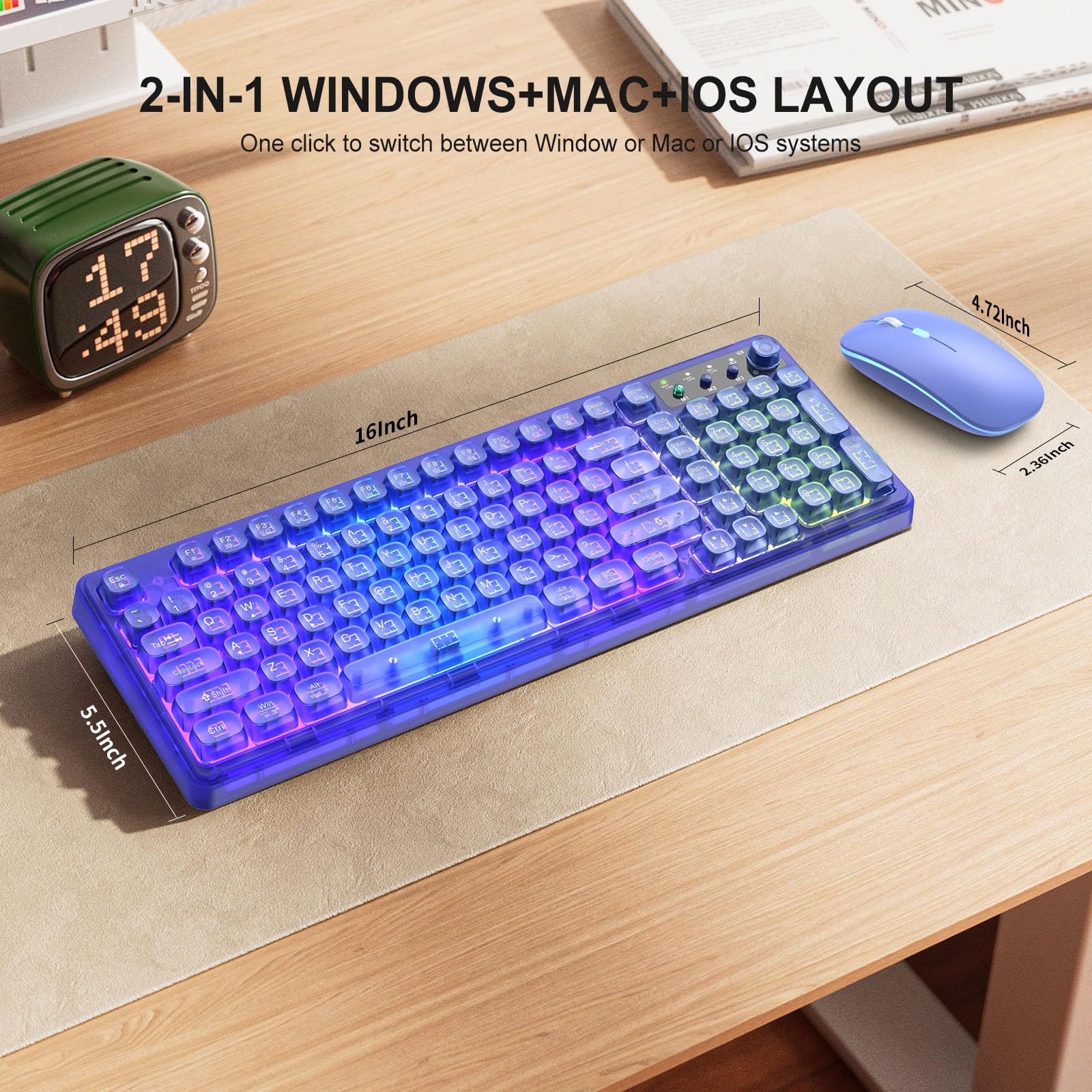 Blue Light Up Keyboard and Mouse Wireless,Cute 2.4Ghz Cordless Rechargeable Transparent Backlit Keyboard,15 Backlight Effects,Volume Knob,RGB Mouse with 3 DPI for Mac Computer PC Laptop Desktop iPad