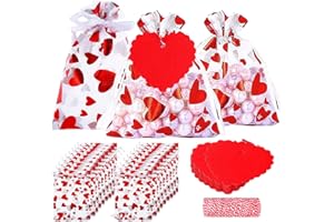 EYIGYLYO Valentine's Day Heart Organza Bags with Drawstring, 50 PCS Valentine Treat Candy Bag Gift Jewelry Pouches with 50 PCS Heart Tags for Valentine's Day Wedding Festival Party Supply,(3 x 4 Inch)