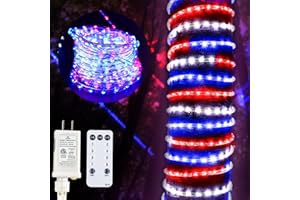 KENBURG 4th of July Decorations outdoor Lights, 33ft 400LED Red White and Blue Rope Lights Patriotic Rope Lights Plug in 8 Modes Remote Timer with Memory for Independence Day Memorial Day National Day