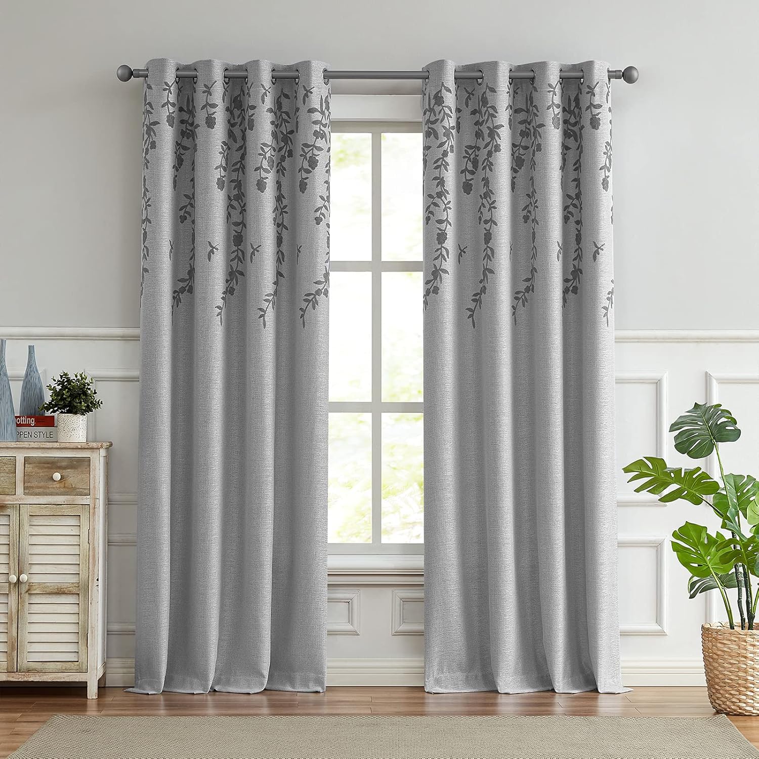 Outdoor Curtains - Melodieux Flower Embroidery Faux Linen Room Darkening Wide Curtains for Living Room Patio Door Large Window Grommet Drape, Grey Flower, 100 by 96 Inch (1 Panel)