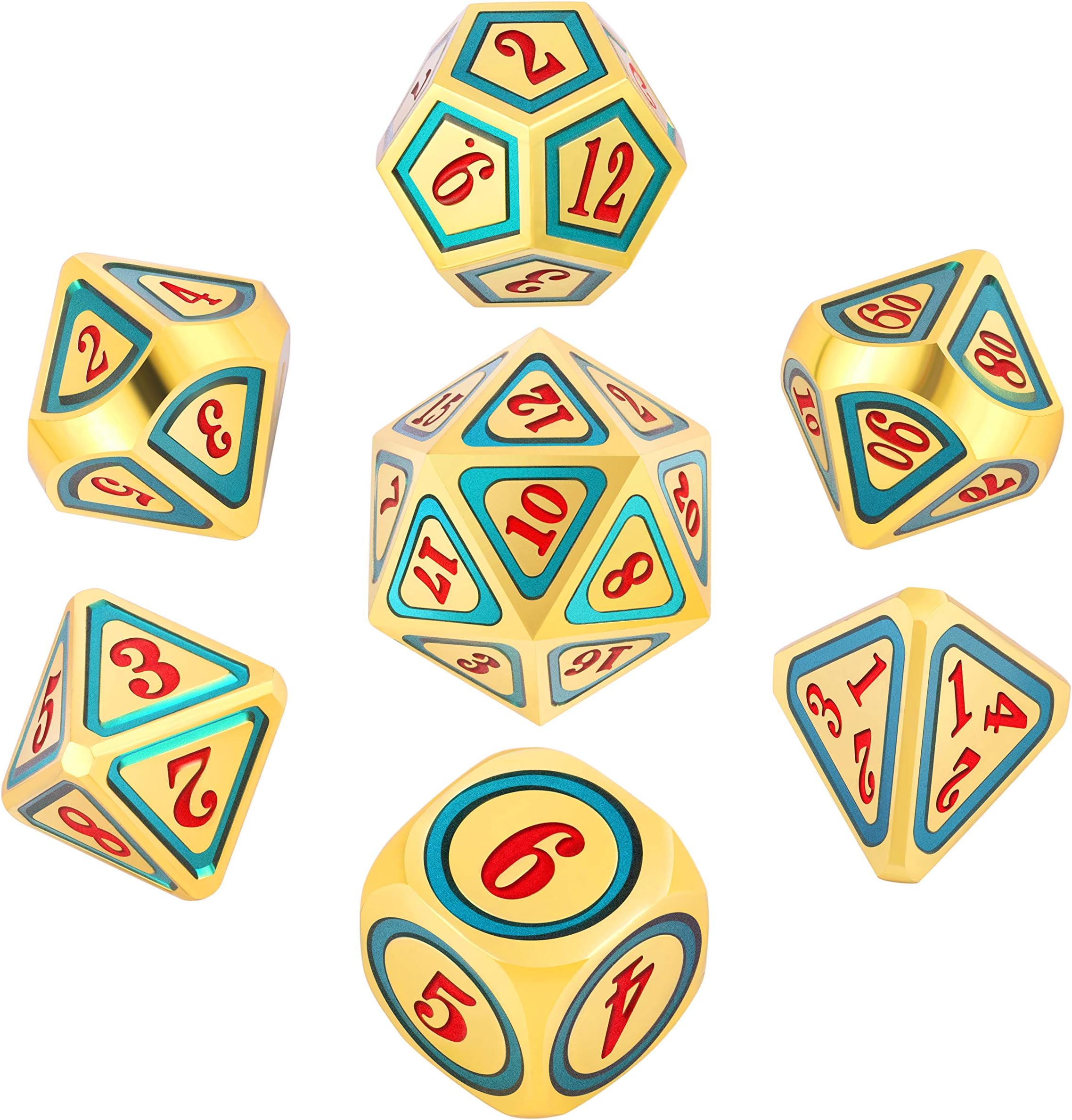 YILAIDA Metal Dice Set DND, 7 Die Metal Polyhedral Dice Green color and Red Number for Role Playing Game Dungeons and Dragons D&D Pathinder Shadowrun and Math Teaching