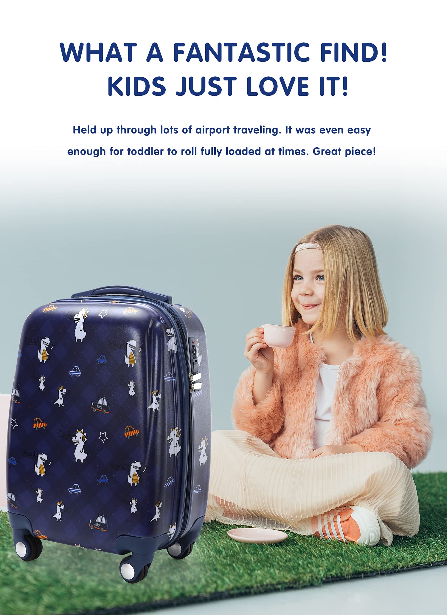 GURHODVO Kids Carry On Luggage Children Rolling Suitcase with 4 Wheels Hardshell Case for Toddler to Travel (dinosaur&car)
