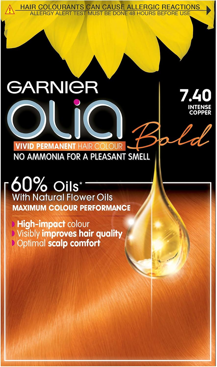Garnier Olia Intense Copper Permanent Hair Dye, Up to 100% Grey Hair Coverage, NO Ammonia, 60% Oils - 7.40 Intense Copper