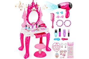 Easface Kids Vanity for Girls, Toddler Makeup Vanity Table and Chair Set Set Toys with Music Light, Pretend Play Princess Dress Up Playset Gift for Toddler Girls 3 4 5 6 Years Old