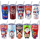 Skylety 10 Sets 20oz Christmas Tumblers with Lids and Straws Christmas Stainless Steel Tumbler Double Wall Insulated Travel Coffee Mug for Xmas Gift Holiday Family Friend Drinks (Classic)