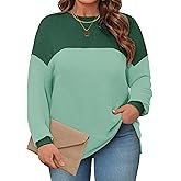 Cakrisyal Womens Plus Size Sweatshirt Color Block Side Split Long Sleeve Crewneck Casual Loose Pullover Shirt Top