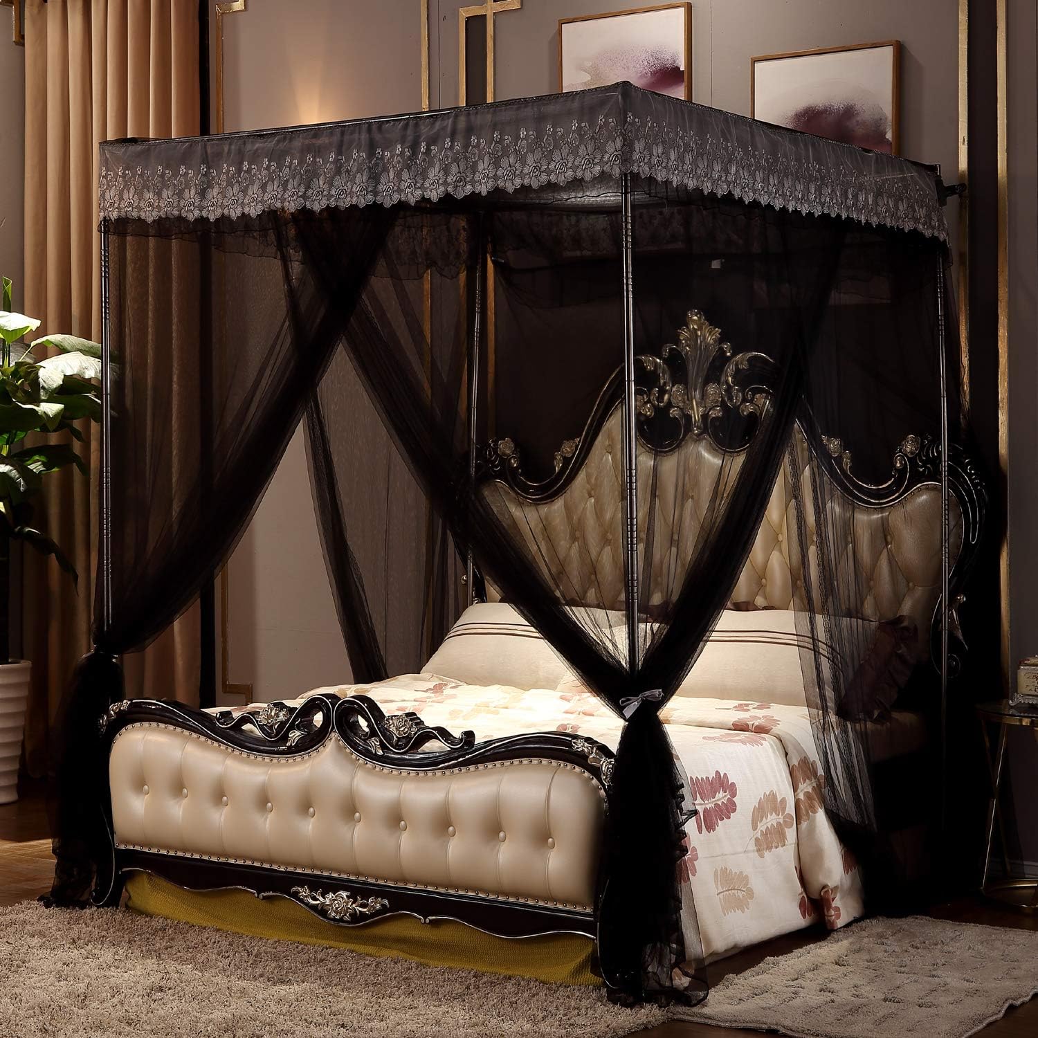 Nattey 4 Corners Post Canopy Bed Curtain for Girls & Adults- 4 Openings Bed Canopies -Bedroom Decoration Accessories(Queen,Black): Home & Kitchen
