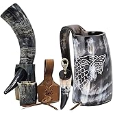 Brainmart Viking Drinking Horn Mug & Cup Set | 6-Piece Collection with 16oz Dire Wolf Engraved Mead & Beer Mug, Shot Glass, Bottle Opener, Leather Strap, Drinking Horn & Stand | Norse Gift for Men