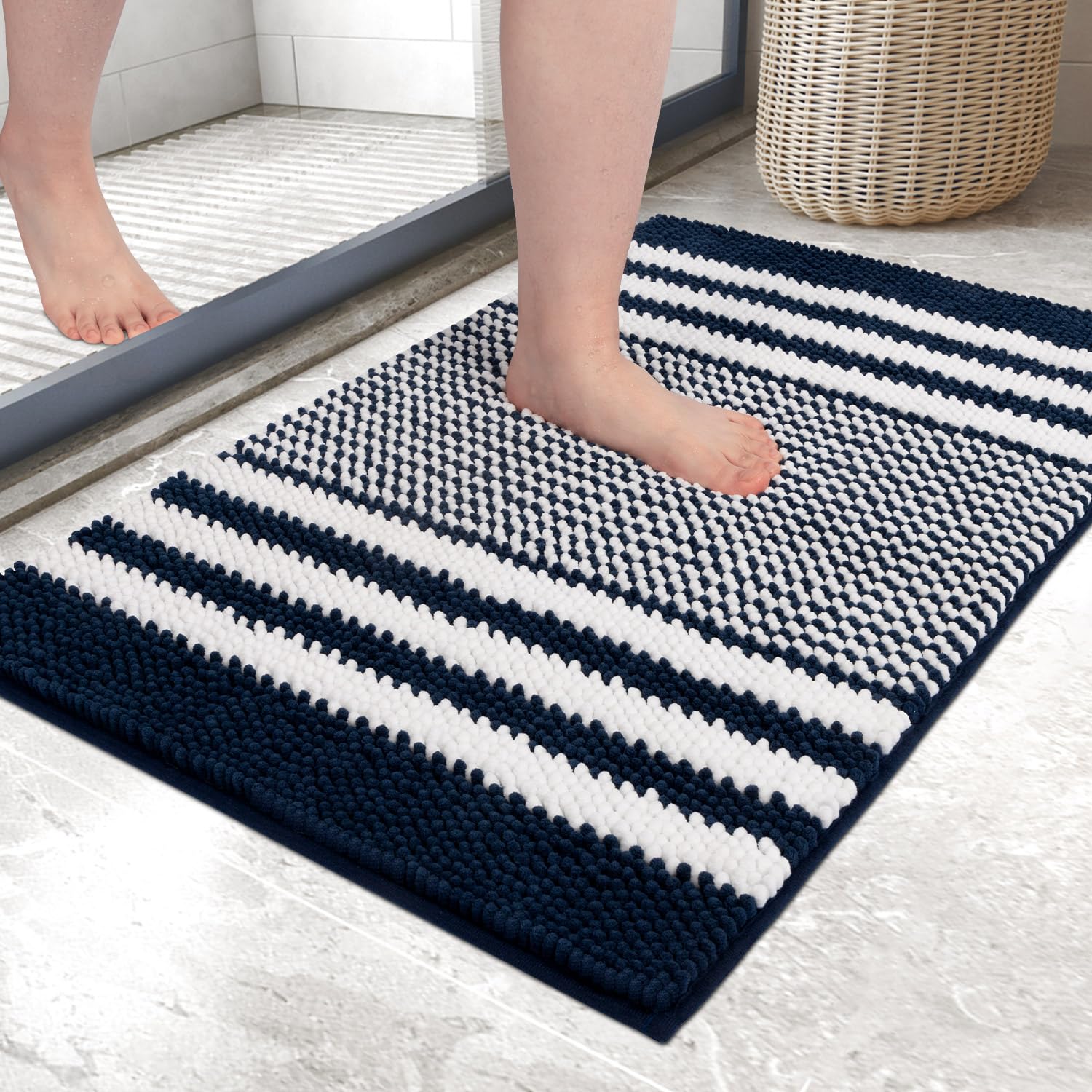Biscpro Bath Mat Rug Extra Soft and Absorbent Fluffy Striped Chenille,Non Slip Shaggy Bathroom Floor Mat,Machine Washable (Navy Blue, 40 x 60 cm)