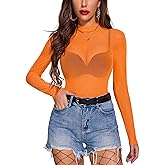 Avidlove Mesh Top for Women Long Sleeve See Through Shirt Mock Neck Sheer Blouse Clubwear Party XS-XXL