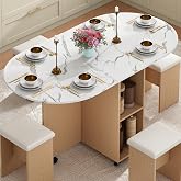 5 PCS Farmhouse Dining Table Set for 4,60" Large Round Folding Dining Table Set w/ 4 Leather Chairs, Drop Leaf Oval Modern Kitchen Table for Small Spaces,6 Wheels,2-Layer Storage Shelf,White Marble