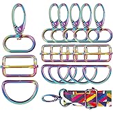Yo Vryncal 18pcs Rainbow Swivel Snaps Clasps with D Rings - 1" Lobster Claw Hooks & Adjustable Slide Buckles for DIY Crafts, Dog Collars, Purse Straps 6Sets (25mm)