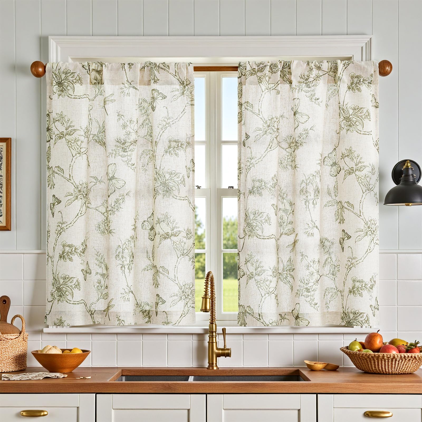 Photo 1 of jinchan Floral Kitchen Curtains for Windows 24 Inch Farmhouse Country Linen Tier Curtains Botanic Small Window Drapes