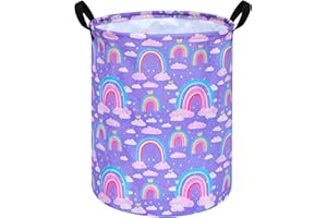 ACMUUNI 19.7 Inch Purple Rainbow Round Kids Round Laundry Clothes Hamper Dino Laundry Basket with Handles,Baby Toys Storage Organizer Bins Laundry Gift Basket for Boys and Girls Room, Bedroom Decor